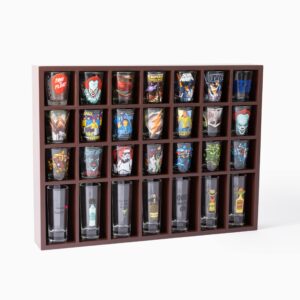decomil shot glass display case for wall & free standing, shot glass holder for tall shot glasses/shooter display, for 28 glass, solid wood, shot glass display rack without door