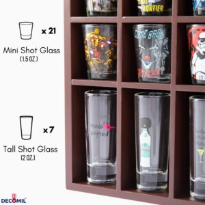 DECOMIL Shot Glass Display Case for Wall & Free Standing, Shot Glass Holder for Tall Shot Glasses/Shooter Display, for 28 Glass, Solid Wood, Shot Glass Display Rack Without Door