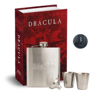 funderstood dracula holy water hidden barware book safe, gothic secret liquor flask with two stainless steel shot glasses, gothic gift set, goth decor - 2.25” x 6.125” x 9.5”