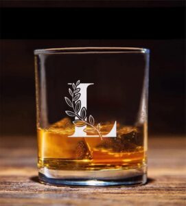 floral monogram ' l ' whiskey glass - letter a-z engraved - stemless whiskey glass - gifts for dad - mother's day - gift for mom - gifts for coworkers