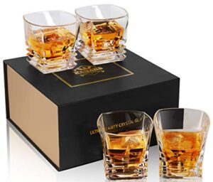 kanars whiskey glass 9 oz, set of 4 crystal rock glasses for scotch bourbon liquor snifter brandy rum, square whisky tumblers for men dad