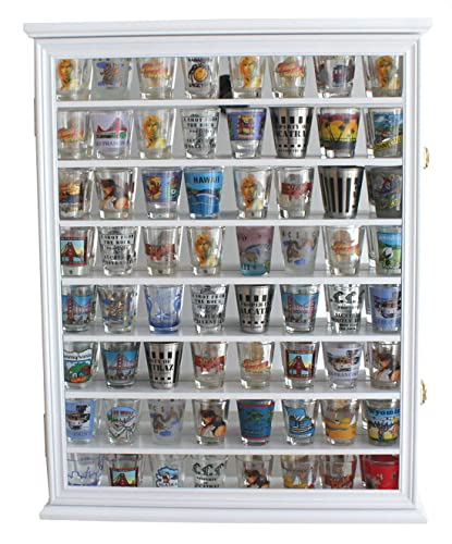 Shot Glass Display Case Solid Wood Wall Shot Glass Cabinet Rack Holder Lockable with UV Protection Acrylic Glass Door Shot Glass Collection Display Cabinet Mirror Back (White Finish)