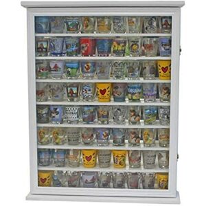 Shot Glass Display Case Solid Wood Wall Shot Glass Cabinet Rack Holder Lockable with UV Protection Acrylic Glass Door Shot Glass Collection Display Cabinet Mirror Back (White Finish)