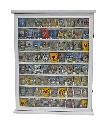 Shot Glass Display Case Solid Wood Wall Shot Glass Cabinet Rack Holder Lockable with UV Protection Acrylic Glass Door Shot Glass Collection Display Cabinet Mirror Back (White Finish)