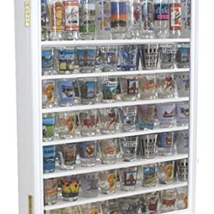 Shot Glass Display Case Solid Wood Wall Shot Glass Cabinet Rack Holder Lockable with UV Protection Acrylic Glass Door Shot Glass Collection Display Cabinet Mirror Back (White Finish)