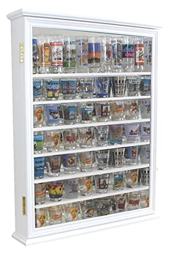 Shot Glass Display Case Solid Wood Wall Shot Glass Cabinet Rack Holder Lockable with UV Protection Acrylic Glass Door Shot Glass Collection Display Cabinet Mirror Back (White Finish)