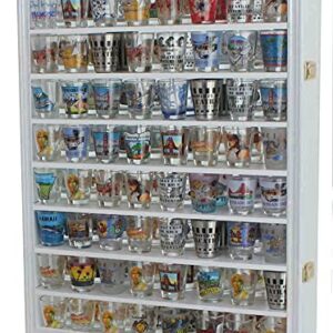 Shot Glass Display Case Solid Wood Wall Shot Glass Cabinet Rack Holder Lockable with UV Protection Acrylic Glass Door Shot Glass Collection Display Cabinet Mirror Back (White Finish)