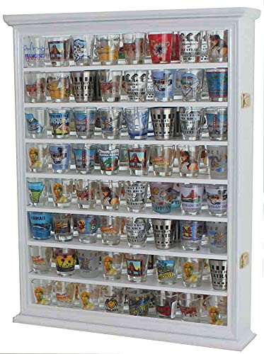 Shot Glass Display Case Solid Wood Wall Shot Glass Cabinet Rack Holder Lockable with UV Protection Acrylic Glass Door Shot Glass Collection Display Cabinet Mirror Back (White Finish)