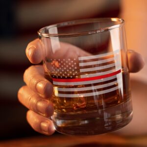 Thin Red Line Fire Fighter American Flag - Old Fashioned Whiskey Rocks Bourbon Glass - 10 oz capacity