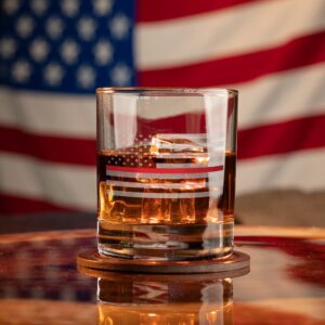 Thin Red Line Fire Fighter American Flag - Old Fashioned Whiskey Rocks Bourbon Glass - 10 oz capacity