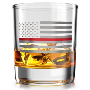 Thin Red Line Fire Fighter American Flag - Old Fashioned Whiskey Rocks Bourbon Glass - 10 oz capacity