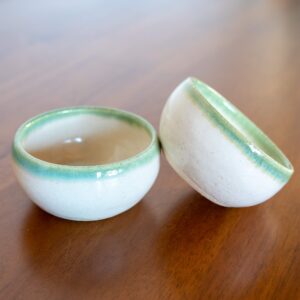 artisan mezcal clay cups | handcrafted copitas | the proper traditional vessel for mezcal and tequila and other agave spirits| made in the usa | set of 2 (white with green rim)