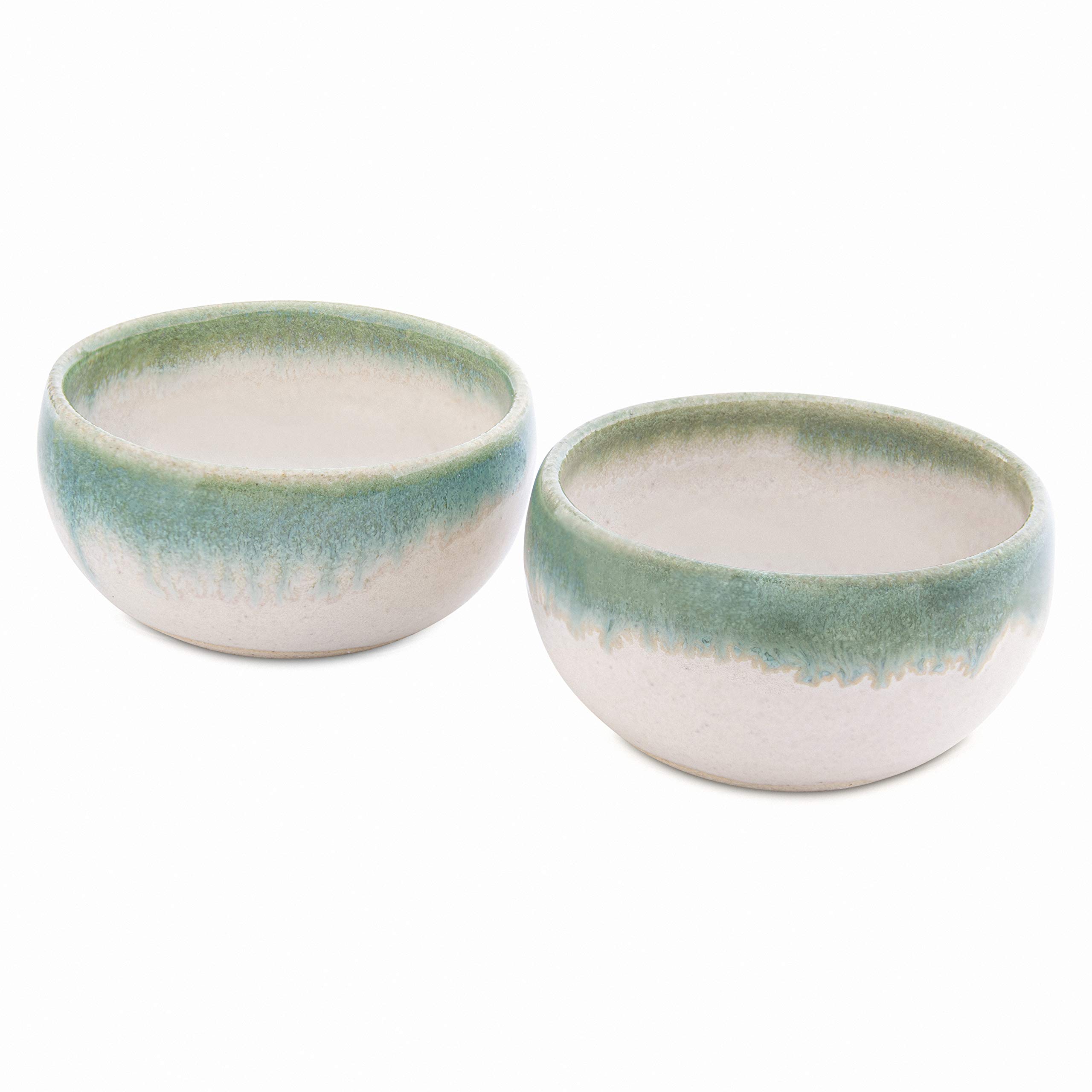 Artisan Mezcal Clay Cups | Handcrafted Copitas | The Proper Traditional Vessel for Mezcal and Tequila and other Agave Spirits| Made in the USA | Set of 2 (White with Green Rim)