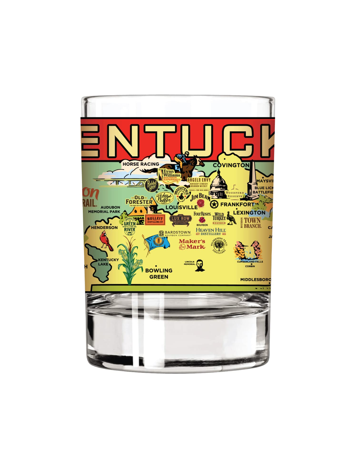 Kentucky Old Fashioned Whiskey Rocks Glass - Short Whisky Tumbler with Kentucky Bourbon Trail Retro Map of Kentucky Distilleries - Unique Gift for all Bourbon Drinkers - Single 13 oz Glass