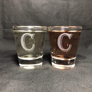 alankathy mugs monogram letters shot glass 1.5 oz set of 2 (c)