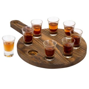 mygift 9 piece shot glass set with burnt wood paddle board serving tray, shooter shot glasses and flight board