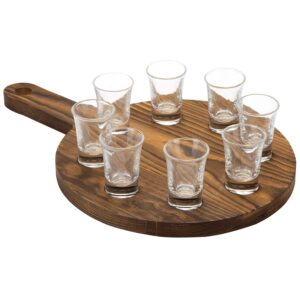MyGift 9 Piece Shot Glass Set with Burnt Wood Paddle Board Serving Tray, Shooter Shot Glasses and Flight Board