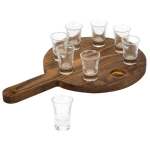 MyGift 9 Piece Shot Glass Set with Burnt Wood Paddle Board Serving Tray, Shooter Shot Glasses and Flight Board