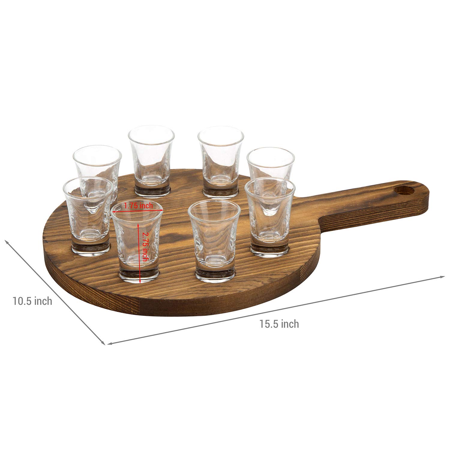 MyGift 9 Piece Shot Glass Set with Burnt Wood Paddle Board Serving Tray, Shooter Shot Glasses and Flight Board