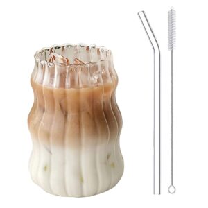 maritown ribbed glassware drinking glasses with straws, 18oz ripple glass cups, iced coffee glasses, wave shape beverage glasses, cute tumbler cup for cocktail whiskey beer tea smoothie juice