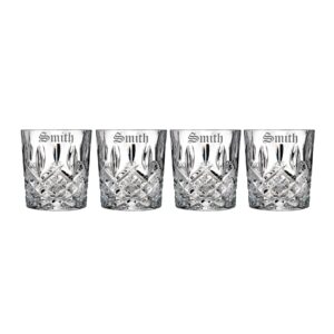 marquis by waterford personalized markham 11oz dof whiskey glasses, set of 4 custom engraved crystal rocks glasses for bourbon, scotch, rye, cocktails on the rocks