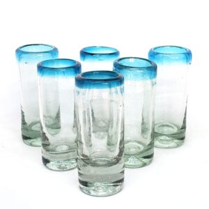 mexhandcraft aqua blue rim 2 oz tequila shot glasses (set of 6), recycled glass, lead-free, toxin-free (shot)