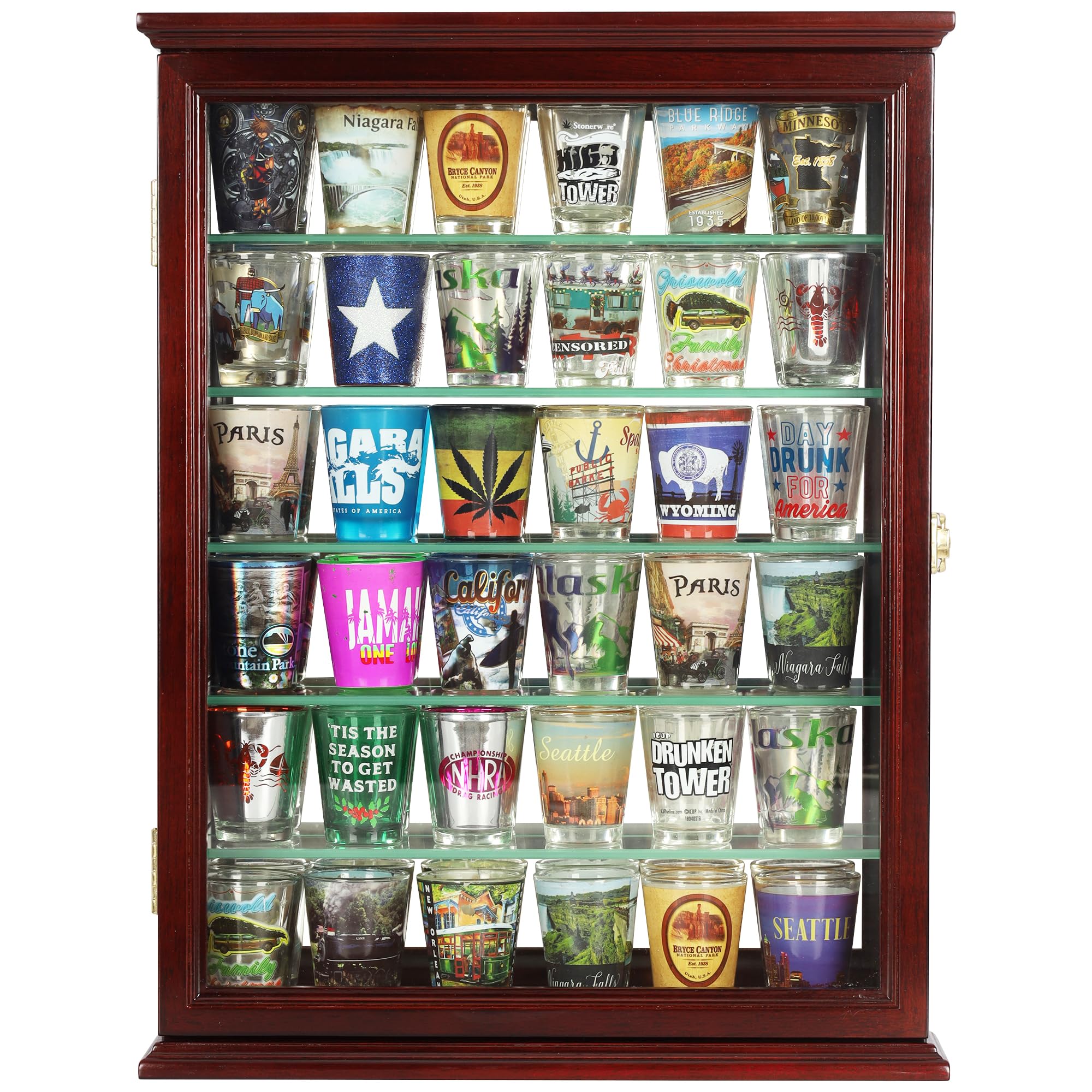 36 Shot Glass Display Case Wall Cabinet Holder Rack with Glass Door - Cherry Finish (SCD06B-CH)