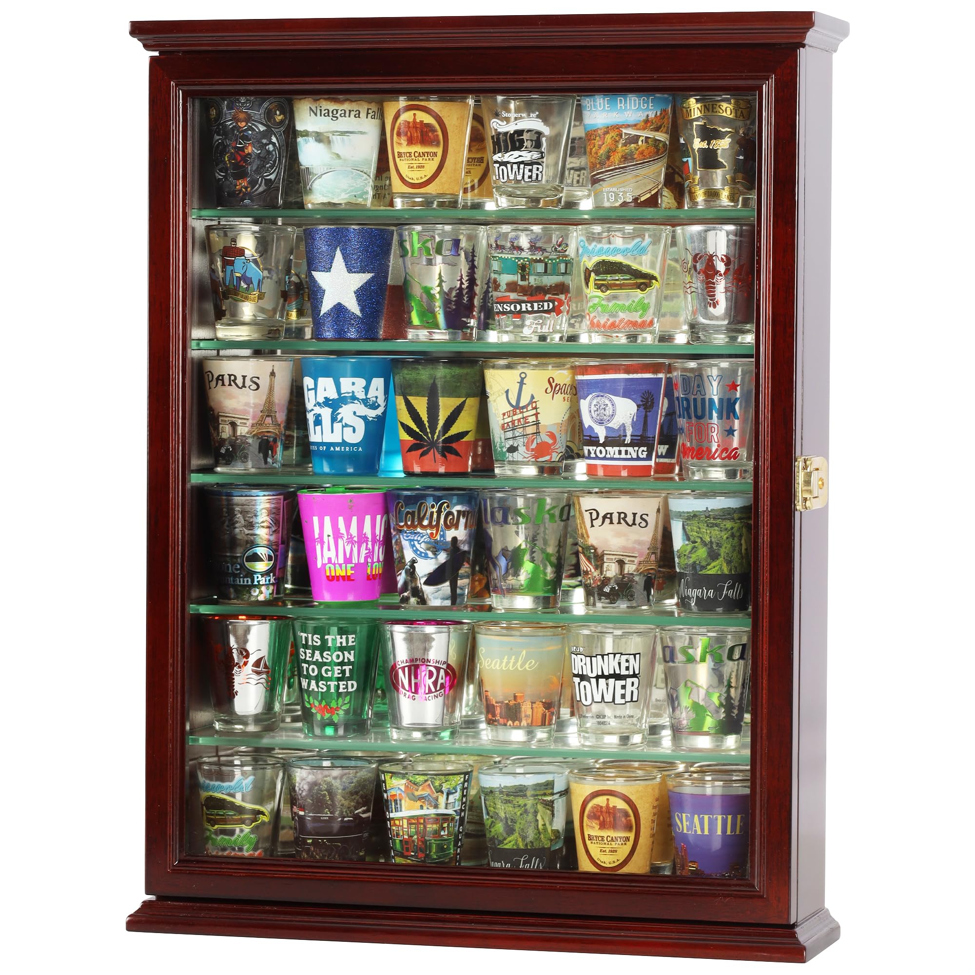 36 Shot Glass Display Case Wall Cabinet Holder Rack with Glass Door - Cherry Finish (SCD06B-CH)