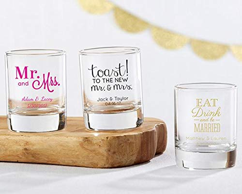 Kate Aspen Personalized 2 oz. Shot Glass/Votive Holder - 48pcs/Gold - Drinking Glass and DIY Favor Decor for Wedding, Bridal Shower Party with Customized Designs Text Lines