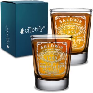 personalized beer glass 70th birthday perfectly aged 70 years old 1953 etched 2 oz shot glasses pair set of 2 custom birthday gift for fathers, dads, husbands