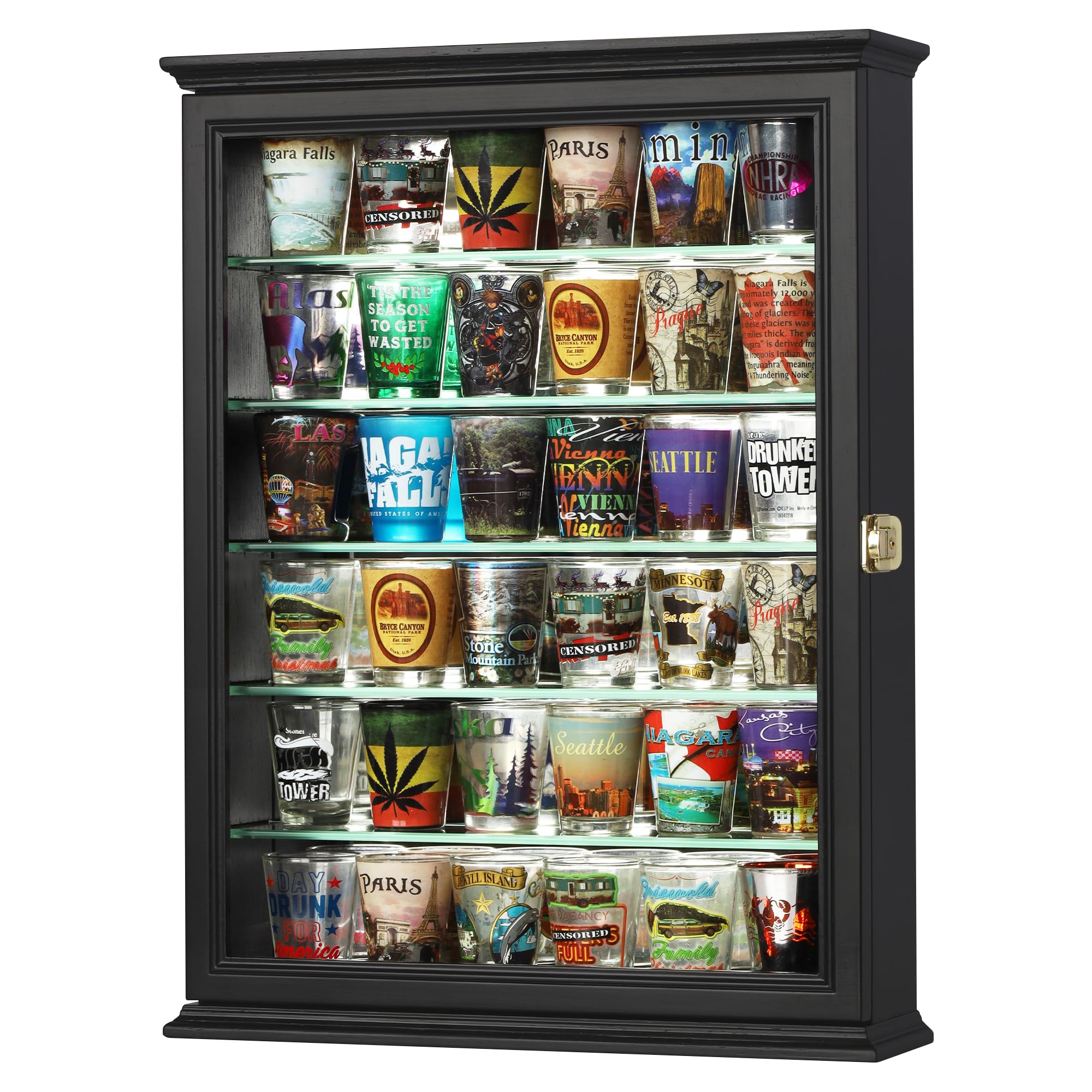 DisplayGifts Souvenir Shot Glass Display Case Shadow Box Wall Mounted Cabinet Mirror Background Black