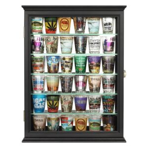 DisplayGifts Souvenir Shot Glass Display Case Shadow Box Wall Mounted Cabinet Mirror Background Black