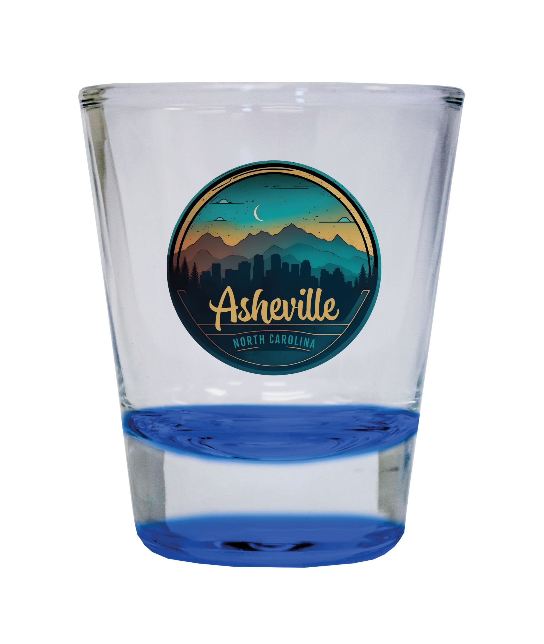 R and R Imports Asheville North Carolina Souvenir 1.5 Ounce Shot Glass Round Blue