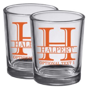 spotted dog company personalized printed 2pk of two 2.5oz shot glasses, halpert, custom name initials monogram groomsmen and bridesmaid gifts cute, 16 colors