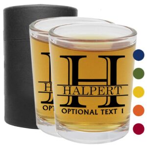 Spotted Dog Company Personalized Printed 2pk of two 2.5oz Shot Glasses, Halpert, Custom Name Initials Monogram Groomsmen and Bridesmaid Gifts Cute, 16 Colors