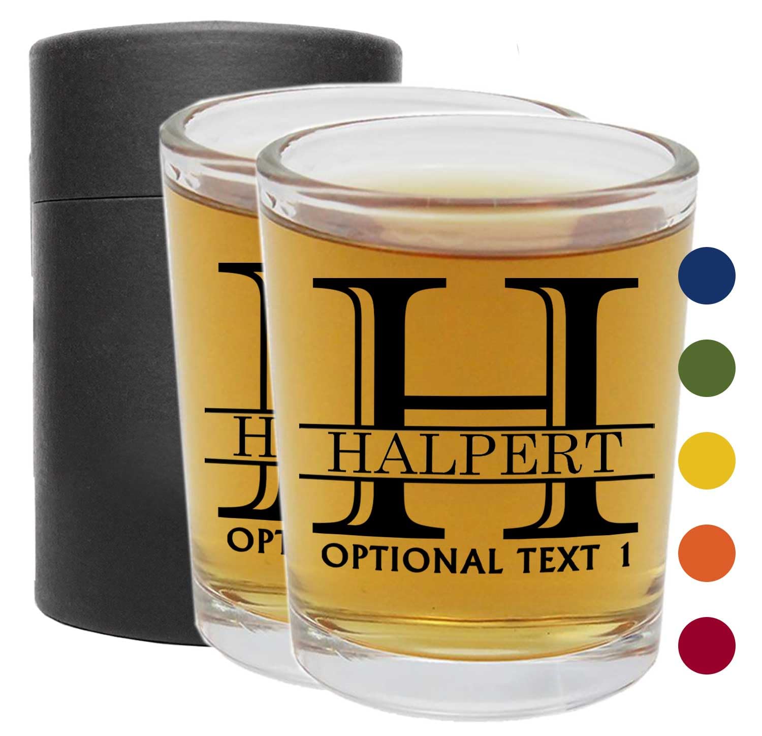 Spotted Dog Company Personalized Printed 2pk of two 2.5oz Shot Glasses, Halpert, Custom Name Initials Monogram Groomsmen and Bridesmaid Gifts Cute, 16 Colors