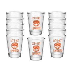 let's get smashed halloween shot glasses - set of 12 glass decor cups, double sided print - clear decorative drinking glassware for tequila, vodka, liquor drinks - barware for themed party (orange)