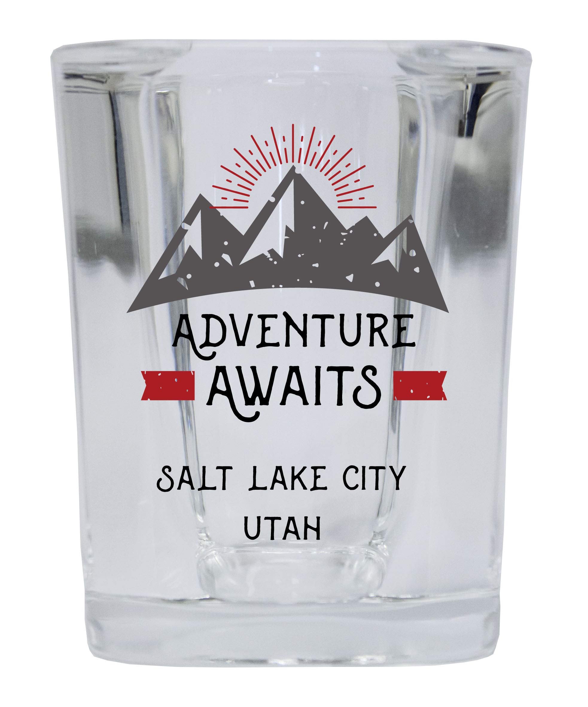 R and R Imports Salt Lake City Utah Souvenir 2 Ounce Square Base Liquor Shot Glass Adventure Awaits Design