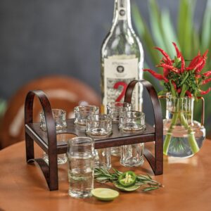 Zodax | Agave Azul 7 Piece Tequila Serving Set | With 6 Shot Glasses, 1 Metal Stand | Antique Rust Finish