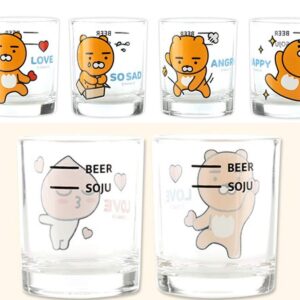 KAKAOFRIENDS Imotion Soju Clear Glasses For Alcohol Drinks Set of 4(soju glass 소주잔), Soju Shot Glasses Set Character Glass, For Party Dishwasher Safe Clarity Glassware