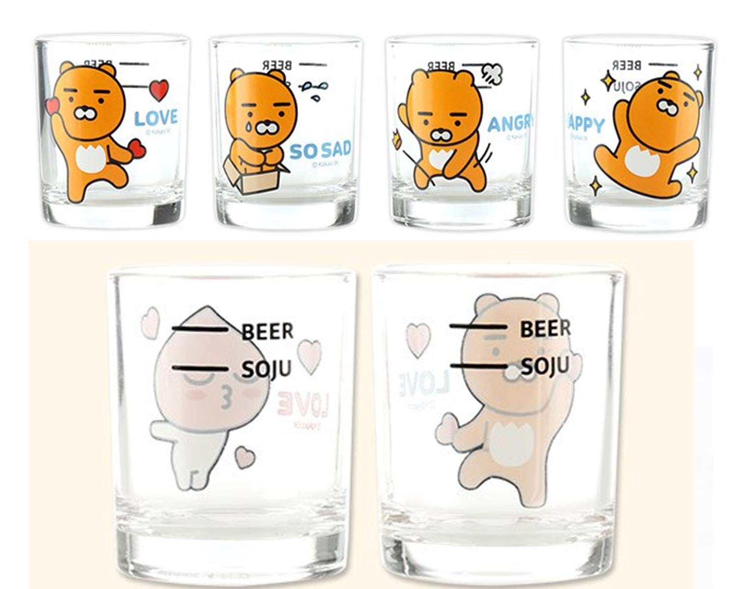 KAKAOFRIENDS Imotion Soju Clear Glasses For Alcohol Drinks Set of 4(soju glass 소주잔), Soju Shot Glasses Set Character Glass, For Party Dishwasher Safe Clarity Glassware