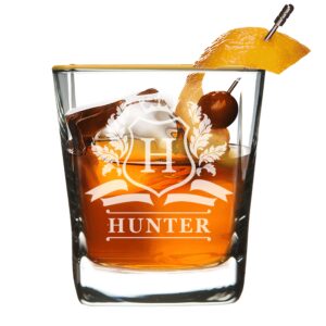 custom personalized 9 oz square rocks whiskey glass tumbler with heavy base and gold color rim