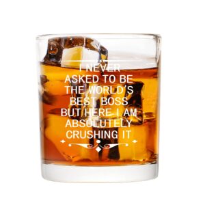 modwnfy funny boss whiskey glass, boss day old fashioned glass, 10 oz the world's best boss scotch glass on bosses day christmas birthday retirement, gifts for boss father brother husband friend
