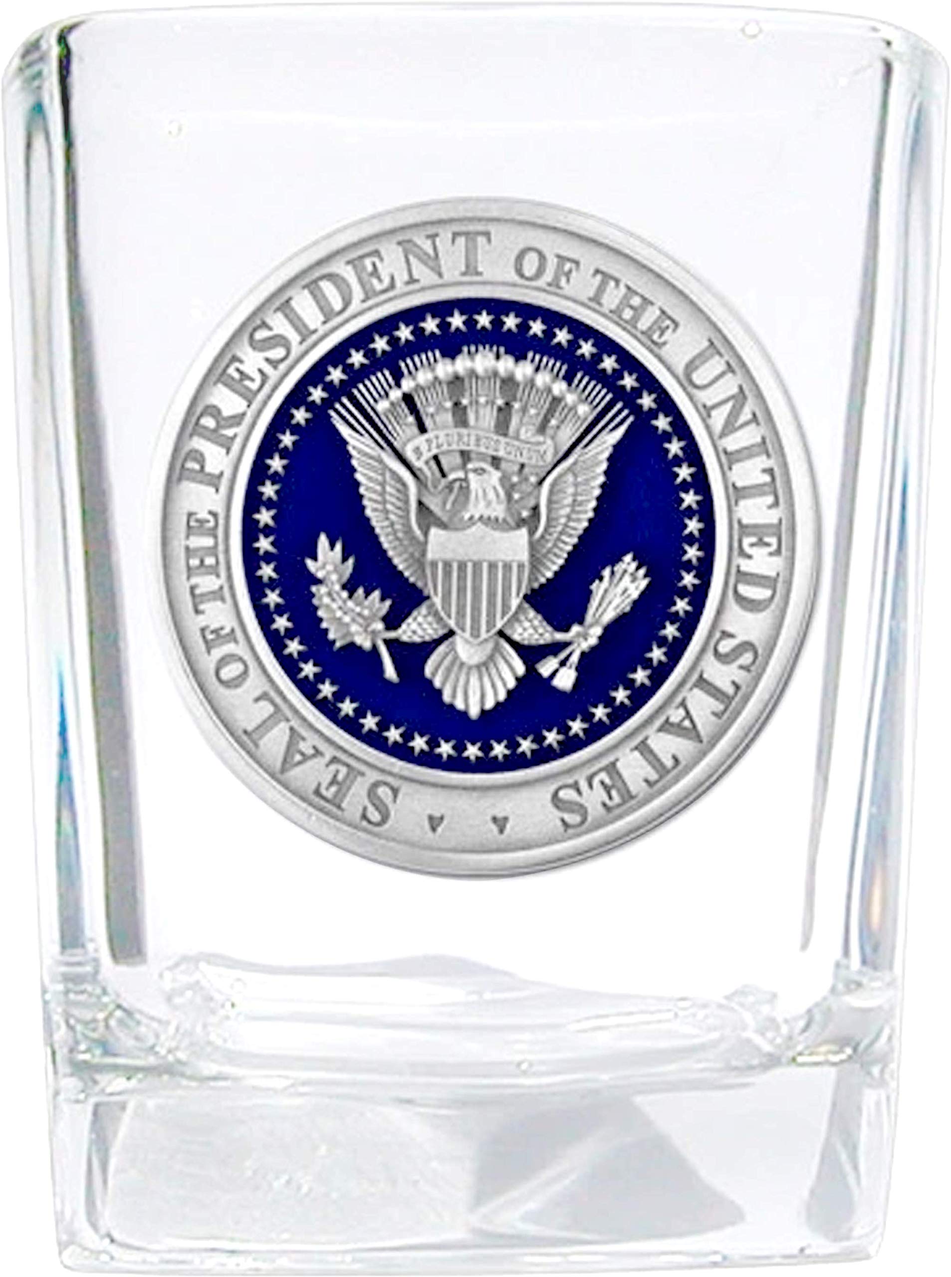 White House Gifts: Presidential Seal Square Shot Glass (1.5 oz) - Shot Glasses with Fine Pewter Casting on Presidential Symbol - Perfect as Souvenir, Collectible, or Man Cave Decor - Made in the USA