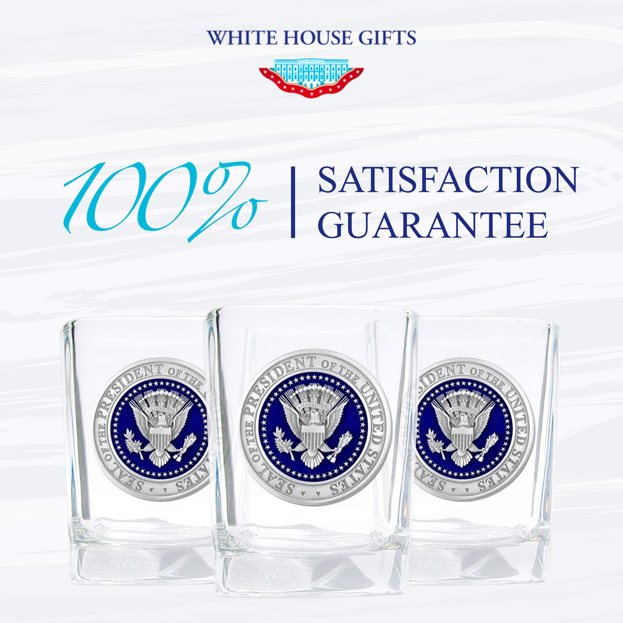 White House Gifts: Presidential Seal Square Shot Glass (1.5 oz) - Shot Glasses with Fine Pewter Casting on Presidential Symbol - Perfect as Souvenir, Collectible, or Man Cave Decor - Made in the USA