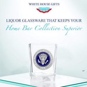 White House Gifts: Presidential Seal Square Shot Glass (1.5 oz) - Shot Glasses with Fine Pewter Casting on Presidential Symbol - Perfect as Souvenir, Collectible, or Man Cave Decor - Made in the USA