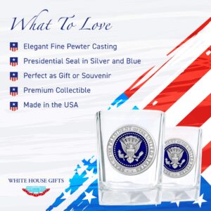 White House Gifts: Presidential Seal Square Shot Glass (1.5 oz) - Shot Glasses with Fine Pewter Casting on Presidential Symbol - Perfect as Souvenir, Collectible, or Man Cave Decor - Made in the USA