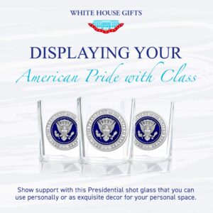 White House Gifts: Presidential Seal Square Shot Glass (1.5 oz) - Shot Glasses with Fine Pewter Casting on Presidential Symbol - Perfect as Souvenir, Collectible, or Man Cave Decor - Made in the USA