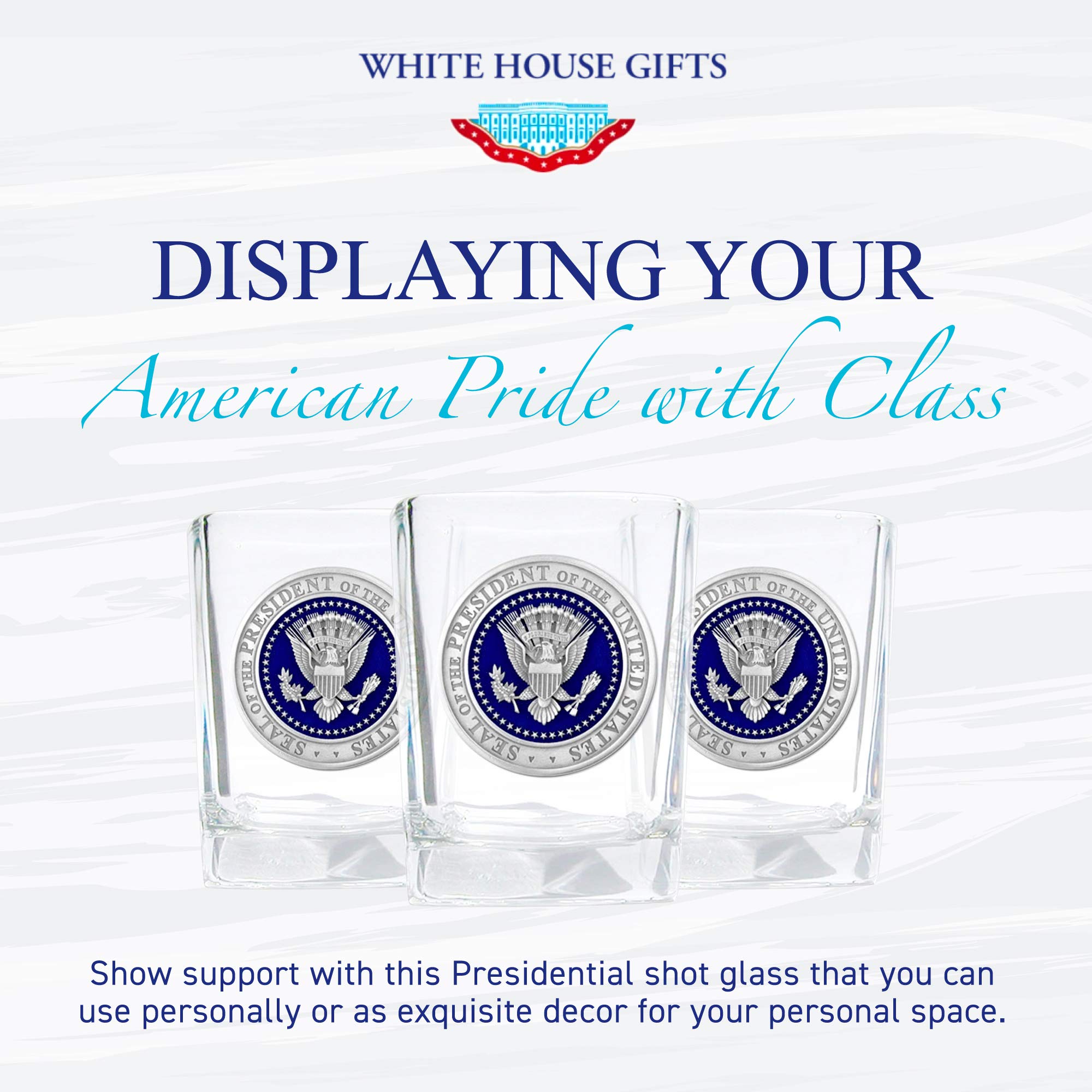 White House Gifts: Presidential Seal Square Shot Glass (1.5 oz) - Shot Glasses with Fine Pewter Casting on Presidential Symbol - Perfect as Souvenir, Collectible, or Man Cave Decor - Made in the USA