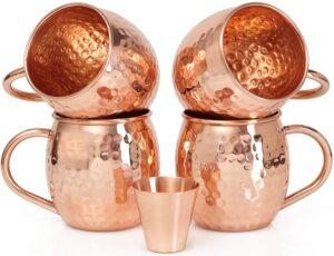 willow & everett set of 4 moscow mule copper mugs with copper shot glass - 4 16oz copper moscow mule mugs - solid copper hammered mug - copper cups for moscow mules